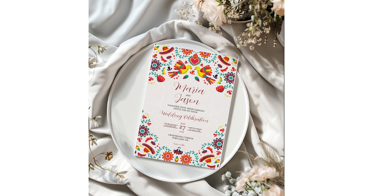 Mexican Fiesta Sombrero Folk Art Wedding Invitation | Zazzle