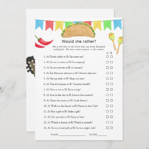 Mexican Fiesta Taco Bridal Shower Game Invitation