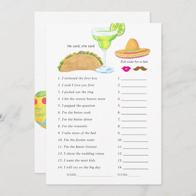 Mexican Fiesta Taco Bridal Shower Game Invitation (Front/Back)