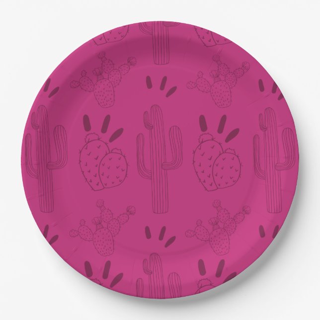 Mexican Fiesta Taco Cactus Pink Paper Plates (Front)