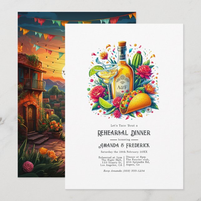 Mexican Fiesta Tacos & Tequila Rehearsal Dinner Invitation (Front/Back)
