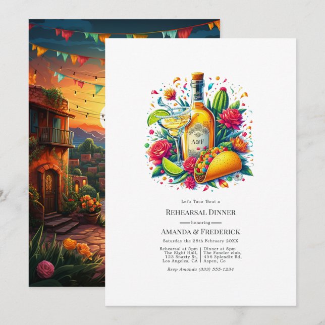 Mexican Fiesta Tacos & Tequila Rehearsal Dinner Invitation (Front/Back)