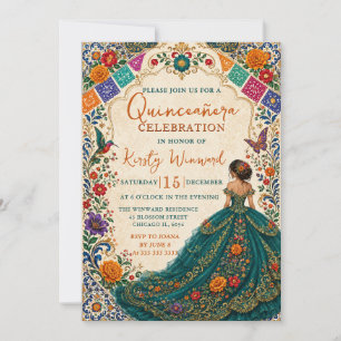 Mexican Fiesta Teal Floral Gold Quinceanera Invitation