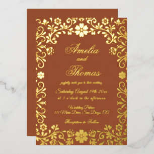 Mexican Fiesta Terracotta Gold Floral Wedding  Foil Invitation