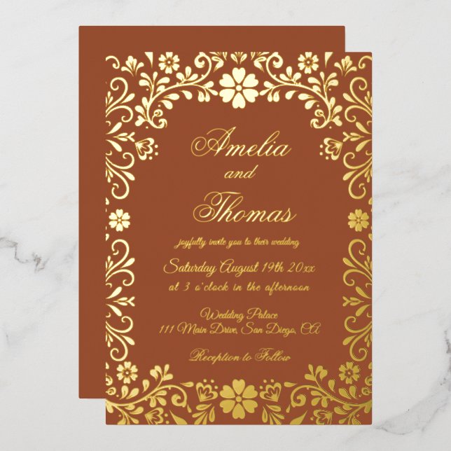 Mexican Fiesta Terracotta Gold Floral Wedding  Foil Invitation (Front/Back)