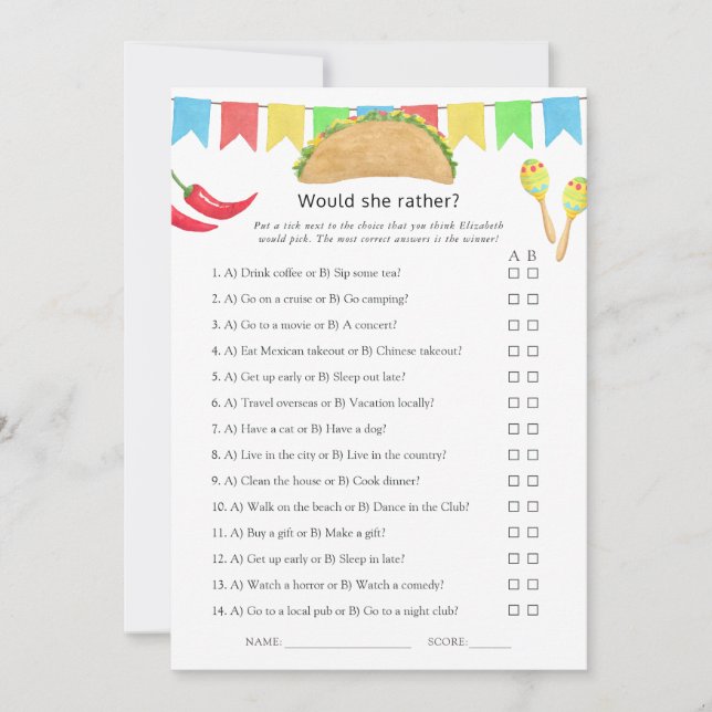 Mexican Fiesta "This or That" Bridal Shower Game Invitation (Front)