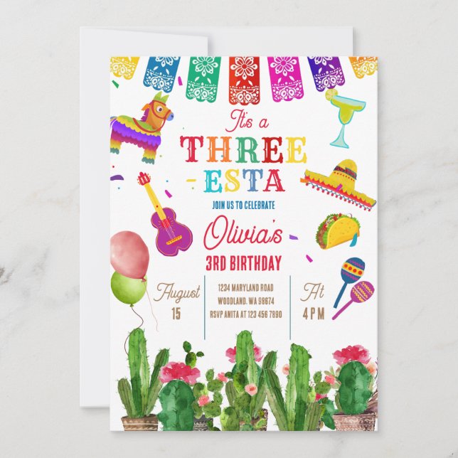  Mexican Fiesta Three-Esta 3rd Girl Birthday Party Invitation (Front)