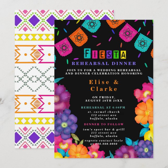 Mexican Fiesta Vivid Florals Rehearsal Dinner Invitation (Front/Back)
