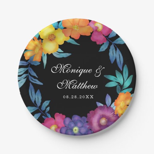 Mexican Fiesta Vivid Watercolor Florals Wedding Paper Plates