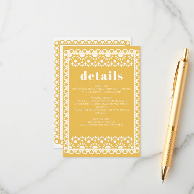 Mexican Fiesta Yellow Papel Picado Boho Wedding Enclosure Card (Front/Back In Situ)