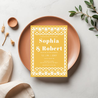 Mexican Fiesta Yellow Papel Picado Boho Wedding Invitation