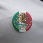 Mexican Flag and Coat of Arms of Mexico Button Pin<br><div class="desc">A gorgeous round button to show your pride for Mexico. The green, white and red tricolor pattern of the Mexican flag cover the background, with the coat of arms of Mexico in the front, based on the Aztec symbol for Tenochtitlan - current day Mexico City - which was also the...</div>