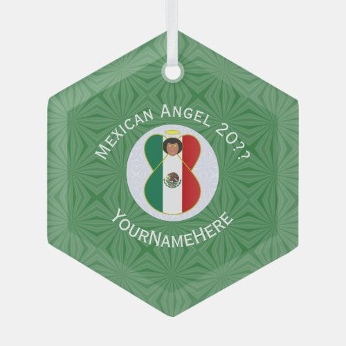 Mexican Flag Angel Green White Year Name Hexagon Glass Ornament