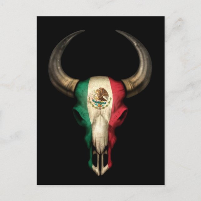 Mexican Flag Bull Skull on Black Postcard (Front)