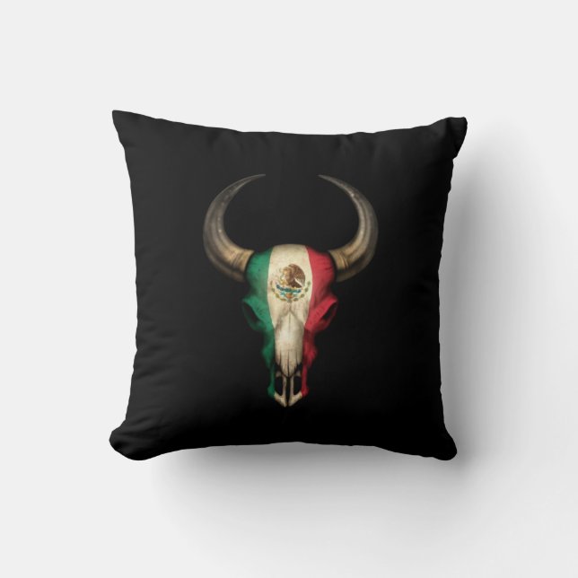 Mexican Flag Bull Skull on Black Throw Pillow (Front)