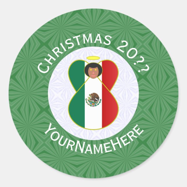 Mexican Flag Christmas Angel Personalized Classic Round Sticker (Front)