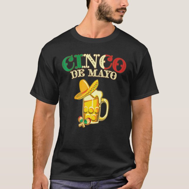 Mexican Flag Cinco De Mayo With A Beer And Maracas T-Shirt (Front)