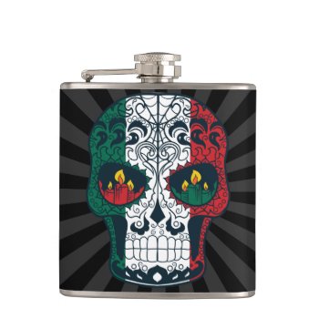 Mexican Flag Colors Day Of The Dead Sugar Skull Hip Flask by TattooSugarSkulls at Zazzle
