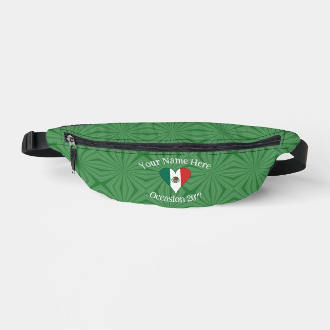 Mexican Flag Heart Green Background Personal Text Fanny Pack (Front)