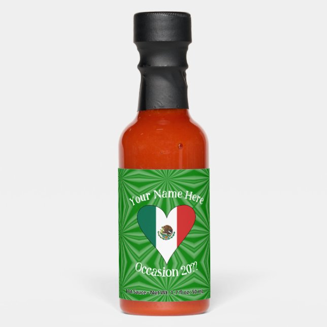 Mexican Flag Heart Green Background Personal Text Hot Sauces (Front)
