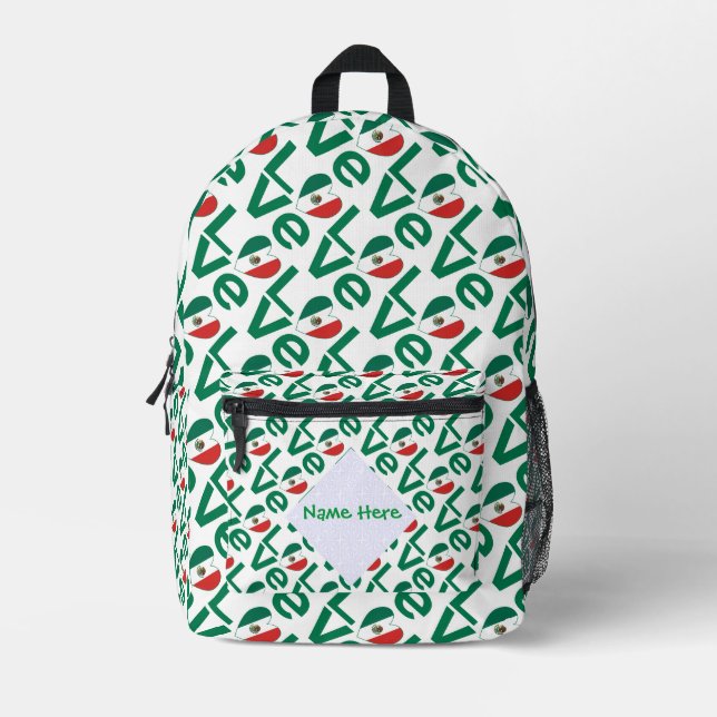 Mexican Flag Heart Green LOVE Tiled Personalized  Printed Backpack (Front)
