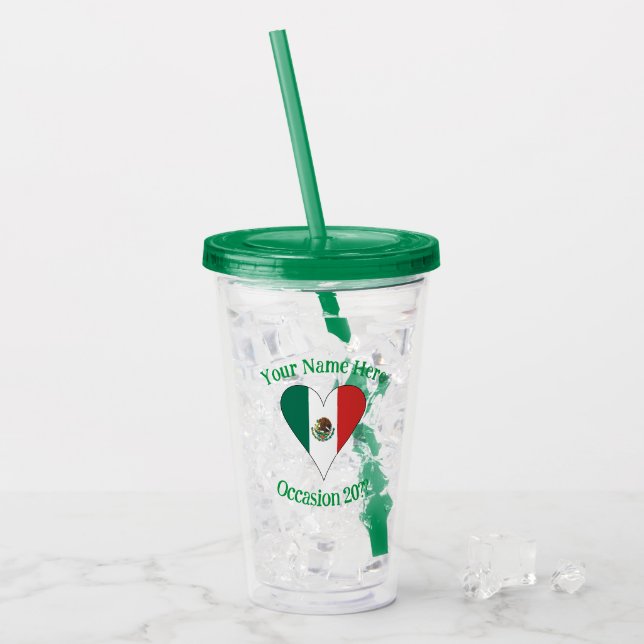 Mexican Flag Heart Personalized Acrylic Tumbler (Front Ice)