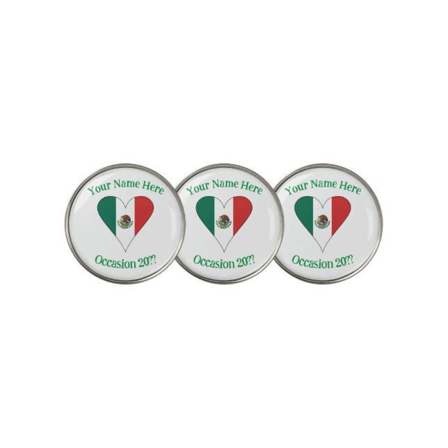 Mexican Flag Heart Personalized  Golf Ball Marker (3 Up)