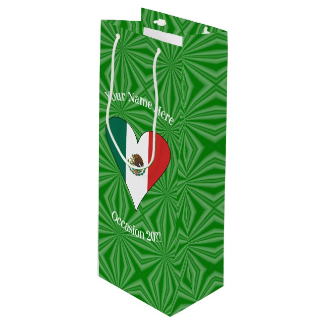 Mexican Flag Heart Personalized Wine Gift Bag (Front Angled)