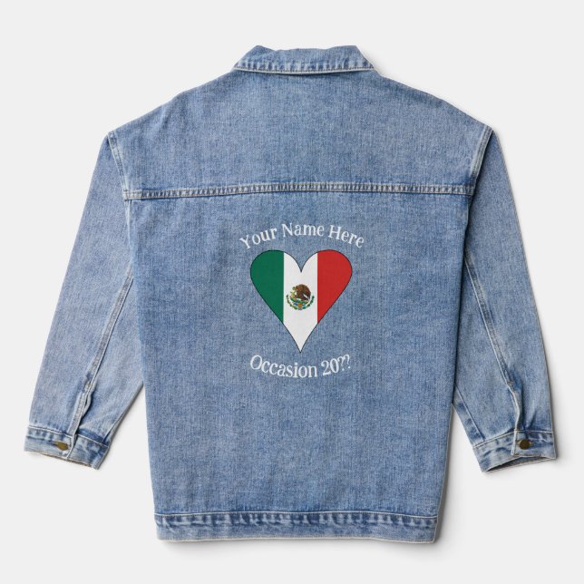 Mexican Flag Heart White Personalized Text  Denim Jacket (Back)