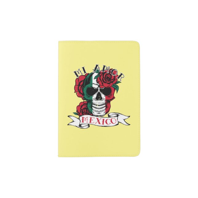 Mexican Flag Independence Day Mexico Skull Roses Passport Holder (Front)