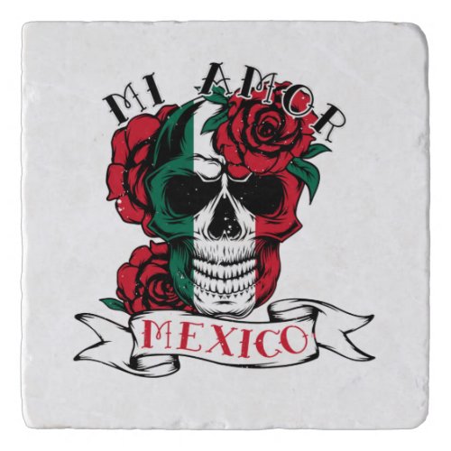 Mexican Flag Independence Day Mexico Skull Roses Trivet