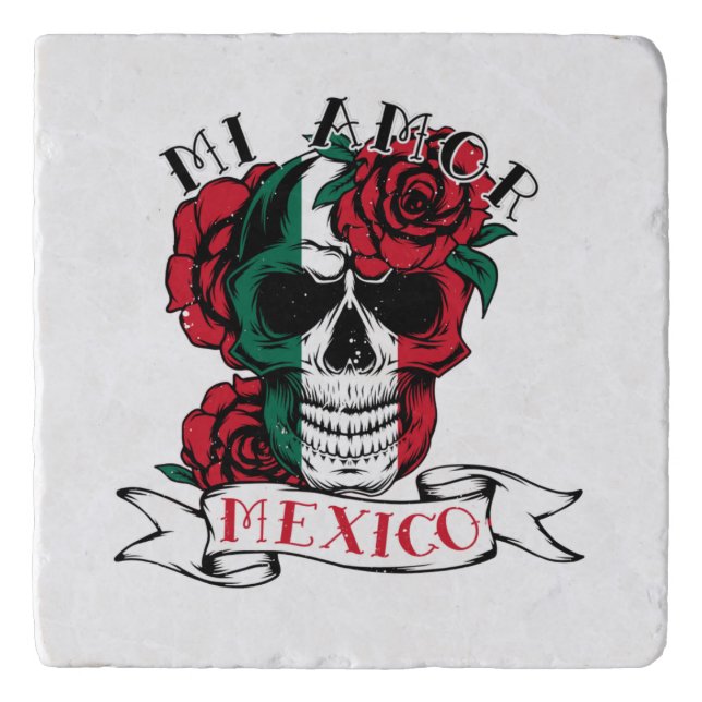 Mexican Flag Independence Day Mexico Skull Roses Trivet (Front)