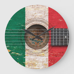 Mexican Flag on Old Acoustic Guitar Large Clock