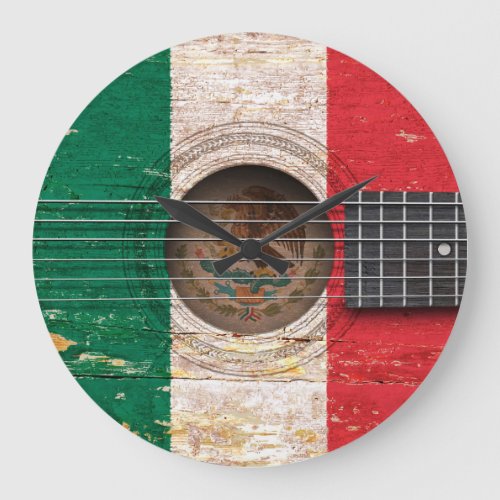Mexican Flag on Old Acoustic Guitar Large Clock
