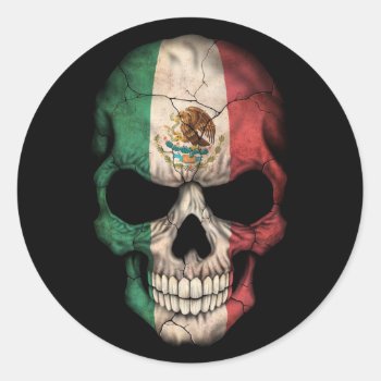 Mexican Flag Skull On Black Classic Round Sticker by JeffBartels at Zazzle