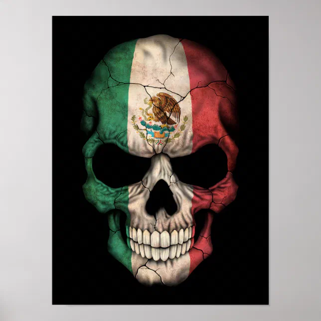 Mexican Flag Skull on Black Poster | Zazzle