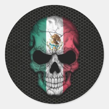 Mexican Flag Skull On Steel Mesh Graphic Classic Round Sticker by JeffBartels at Zazzle