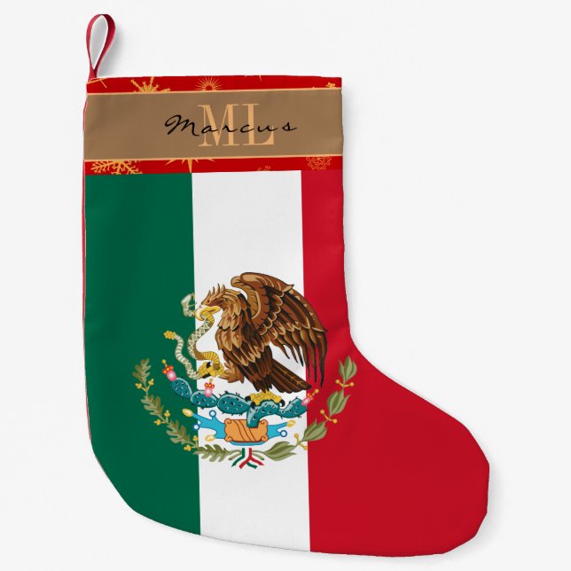 Mexican Flag stocking, Mexico, monogram, snowflake Small Christmas Stocking (Front)