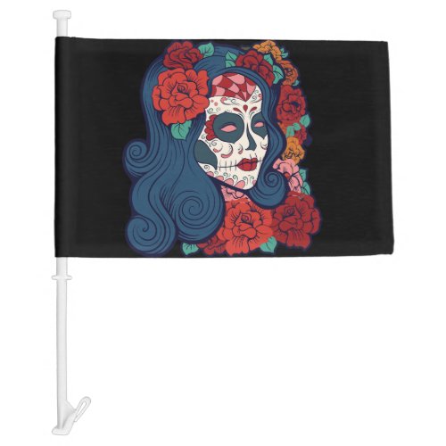 Mexican Flag Sugar Skull Woman Red Roses In Hair