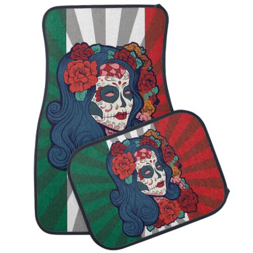 Mexican Flag Sugar Skull Woman Red Roses In Hair Car Mat