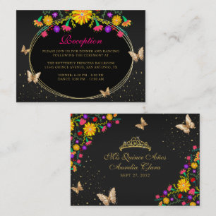 Mexican Floral Black Gold Butterfly Quinceañera Enclosure Card