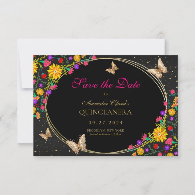Mexican Floral Black Gold Butterfly Quinceanera Note Card (Front)