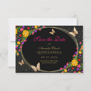 Mexican Floral Black Gold Butterfly Quinceanera Note Card