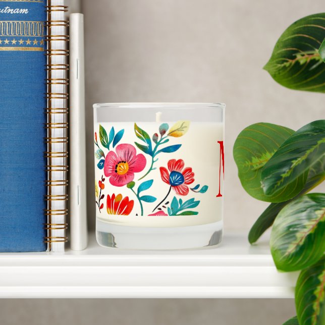 Mexican Floral Boho Personalized Monogram Scented Candle (Shelf)