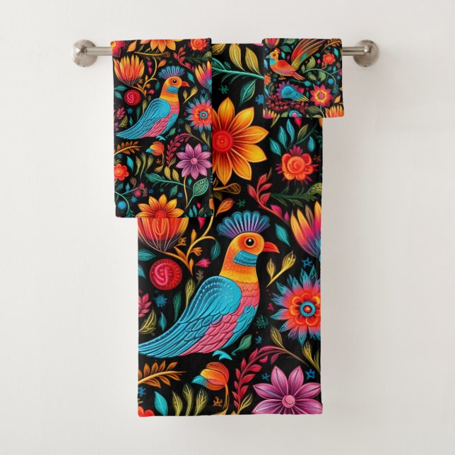 Mexican floral colorful bath towel set (Insitu)