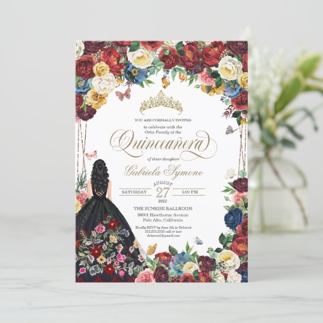 Mexican Floral Embroidery Butterfly Quinceanera Invitation (Standing Front)