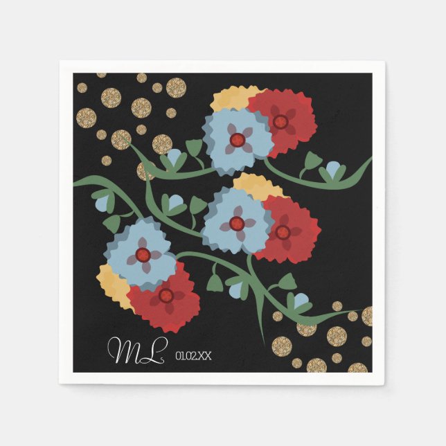 Mexican Floral Faux Glitter Festive Dots Wedding Napkins (Front)