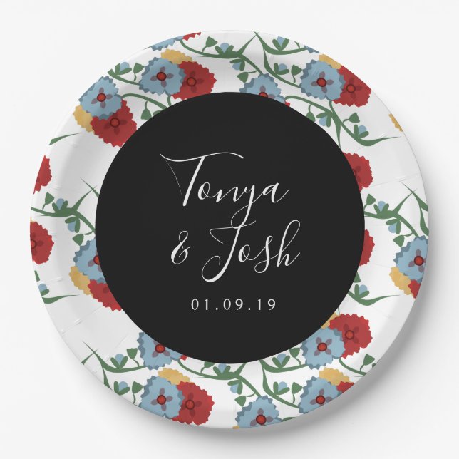Mexican Floral Faux Glitter Festive Dots Wedding Paper Plates (Front)