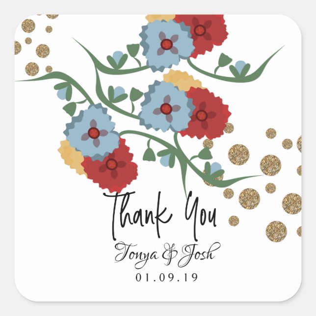 Mexican Floral Faux Glitter Festive Dots Wedding Square Sticker (Front)
