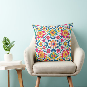 Mexican Floral Fiesta Fabric Background Throw Pillow